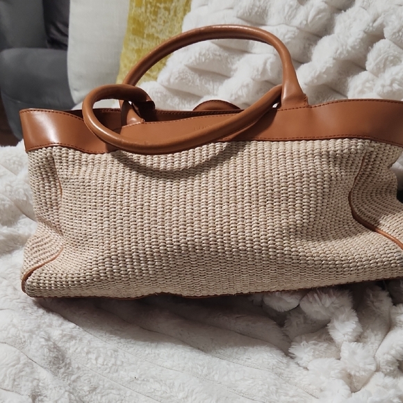 Furla Beige Woven Tote with Tan Leather Trim and Circular Buckle Accent - Picture 4 of 10